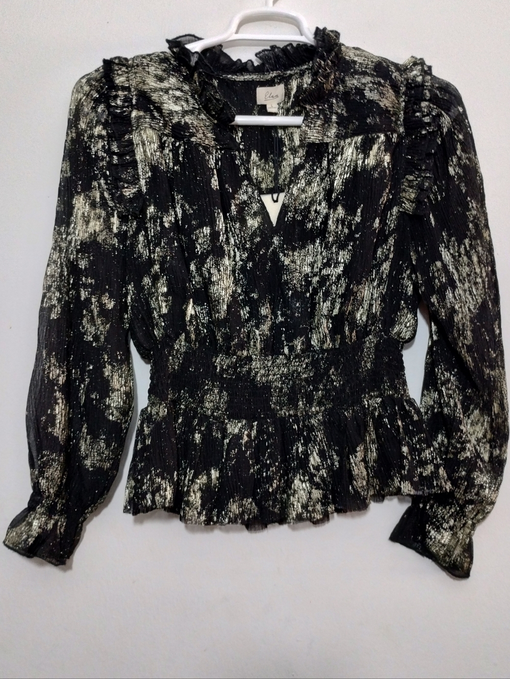 Elan V-Neck Black and gold print Blouse Women's L Prairie Whimsigoth Long Sleeve